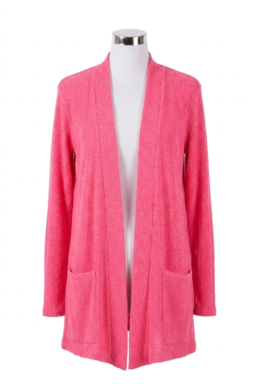 NEW ZENANA heather ribbed sweater open front cardigan in hot pink